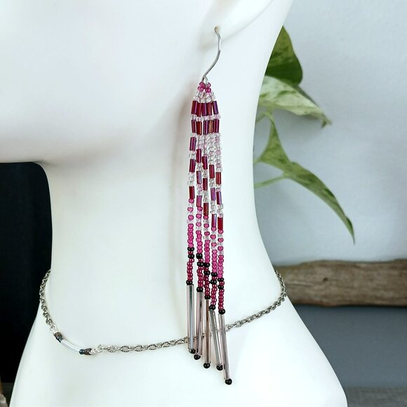 Boho Chic Beaded Fringe Cascade Dangle Earrings, Plum, Fairy Wing Earrings 5" - Picture 1 of 9